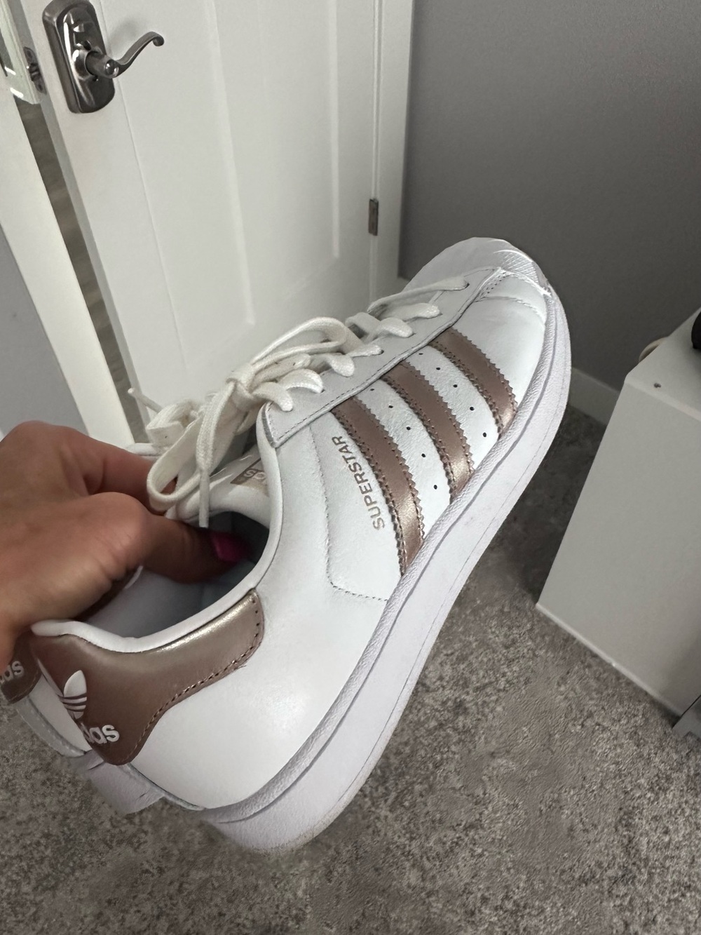 NWOT adidas Women's White Sneakers with Metallic Rose Accents